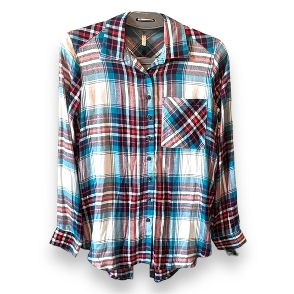 JW Style Size XS Turquoise & Red Plaid Silky Soft Long Sleeve Button Down Shirt - Picture 1 of 3